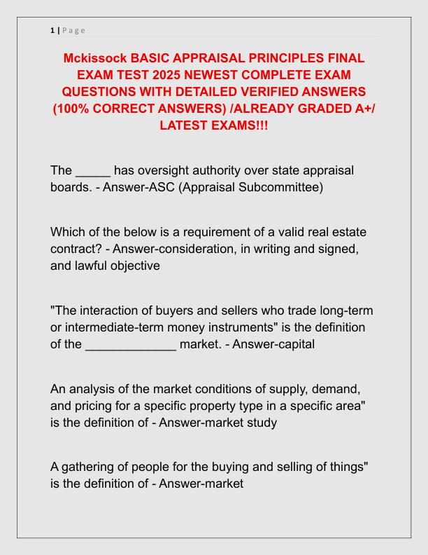 Mckissock BASIC APPRAISAL PRINCIPLES FINAL EXAM TEST 2025 NEWEST COMPLETE EXAM QUESTIONS WITH DETAILED VERIFIED ANSWERS
