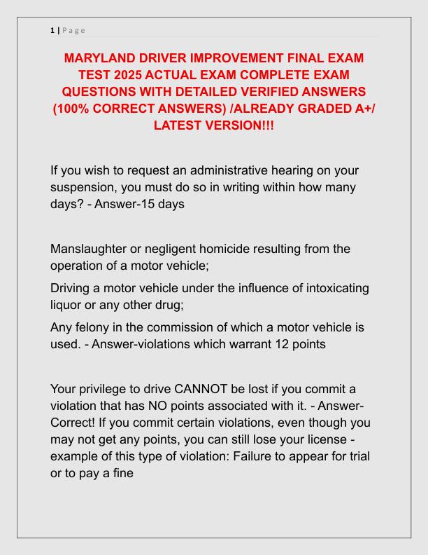 MARYLAND DRIVER IMPROVEMENT FINAL EXAM TEST 2025 ACTUAL EXAM COMPLETE EXAM QUESTIONS WITH DETAILED VERIFIED ANSWERS