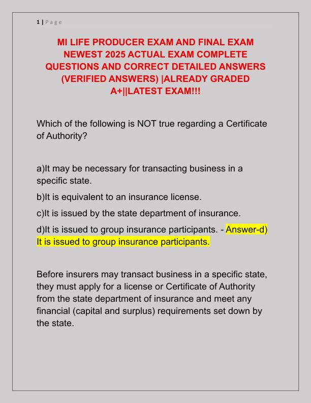 MI LIFE PRODUCER EXAM AND FINAL EXAM NEWEST 2025 ACTUAL EXAM COMPLETE QUESTIONS AND CORRECT DETAILED ANSWERS