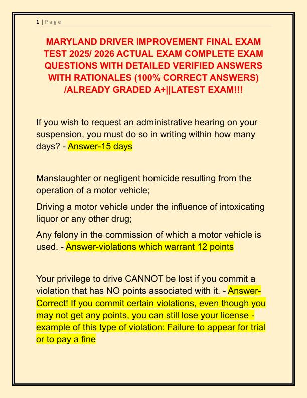 MARYLAND DRIVER IMPROVEMENT FINAL EXAM TEST 2025