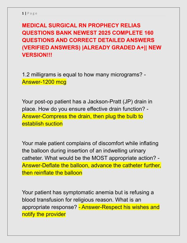 MEDICAL SURGICAL RN PROPHECY RELIAS QUESTIONS BANK NEWEST 2025 COMPLETE 160 QUESTIONS AND CORRECT DETAILED ANSWERS