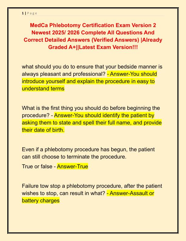 MedCa Phlebotomy Certification Exam Version 2 Newest 2025