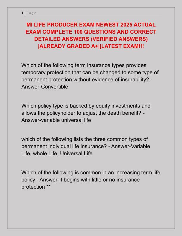 MI LIFE PRODUCER EXAM NEWEST 2025 ACTUAL EXAM COMPLETE 100 QUESTIONS AND CORRECT DETAILED ANSWERS