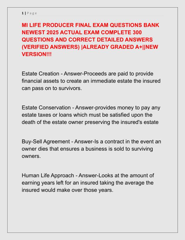 MI LIFE PRODUCER FINAL EXAM QUESTIONS BANK NEWEST 2025 ACTUAL EXAM COMPLETE 300 QUESTIONS AND CORRECT DETAILED ANSWERS