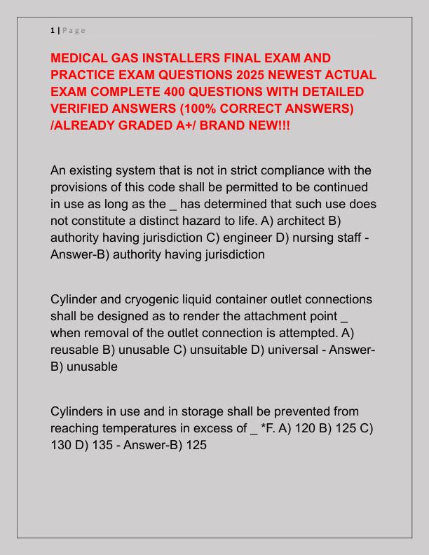 MEDICAL GAS INSTALLERS FINAL EXAM AND PRACTICE EXAM QUESTIONS 2025 NEWEST ACTUAL EXAM COMPLETE 400 QUESTIONS WITH DETAILED VERIFIED ANSWERS