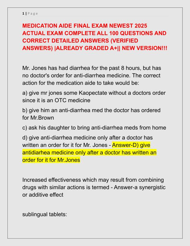 MEDICATION AIDE FINAL EXAM NEWEST 2025 ACTUAL EXAM COMPLETE ALL 100 QUESTIONS AND CORRECT DETAILED ANSWERS