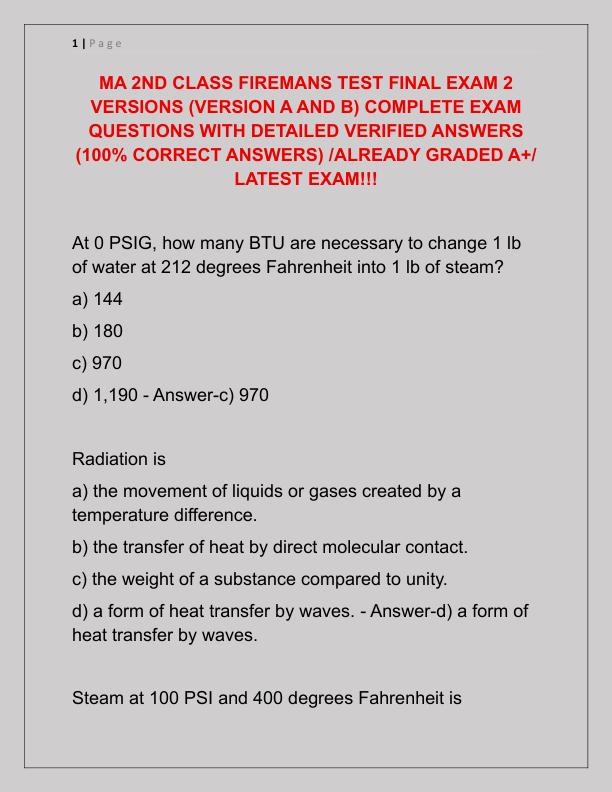 MA 2ND CLASS FIREMANS TEST FINAL EXAM 2 VERSIONS