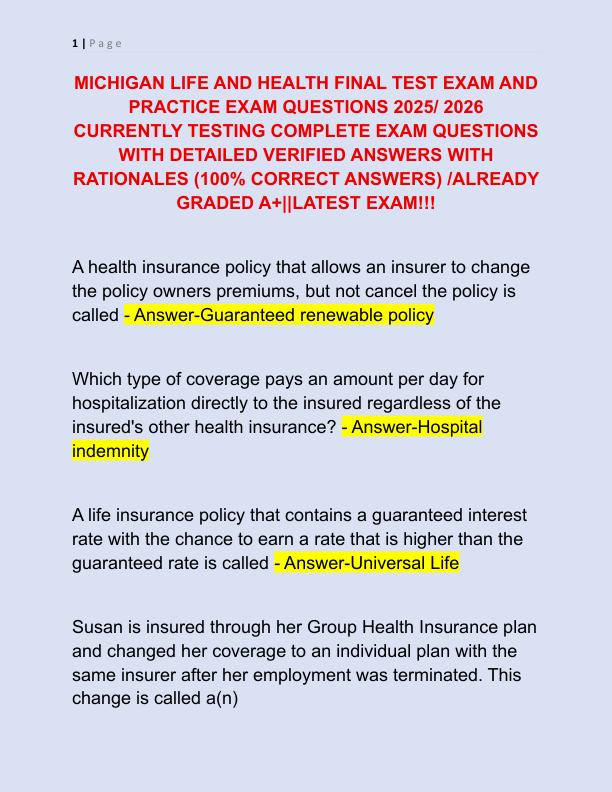 MICHIGAN LIFE AND HEALTH FINAL TEST EXAM AND PRACTICE EXAM QUESTIONS 2025
