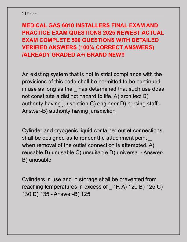 MEDICAL GAS 6010 INSTALLERS FINAL EXAM AND PRACTICE EXAM QUESTIONS 2025 NEWEST ACTUAL EXAM COMPLETE 500 QUESTIONS WITH DETAILED VERIFIED ANSWERS