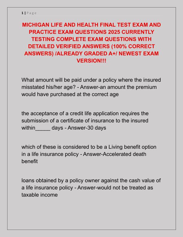 MICHIGAN LIFE AND HEALTH FINAL TEST EXAM AND PRACTICE EXAM QUESTIONS 2025 CURRENTLY TESTING COMPLETE EXAM QUESTIONS WITH DETAILED VERIFIED ANSWERS