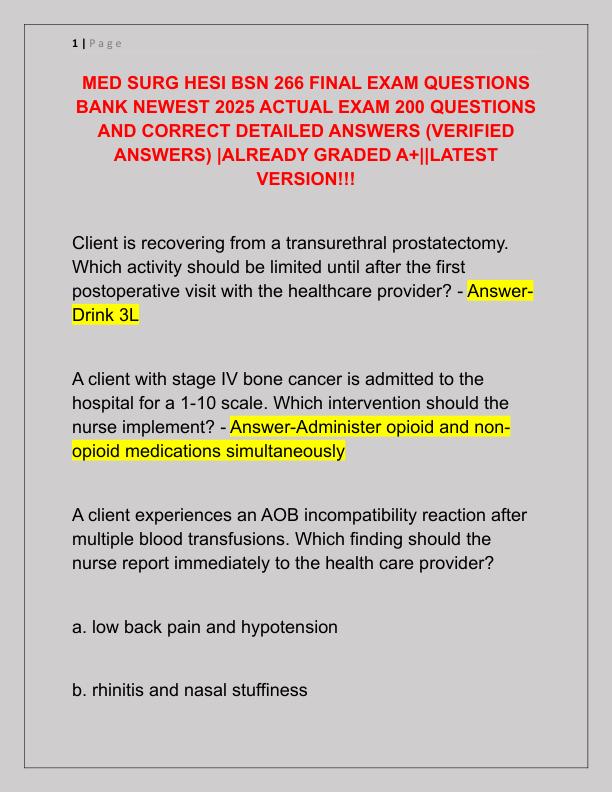 MED SURG HESI BSN 266 FINAL EXAM QUESTIONS BANK NEWEST 2025 ACTUAL EXAM 200 QUESTIONS AND CORRECT DETAILED ANSWERS