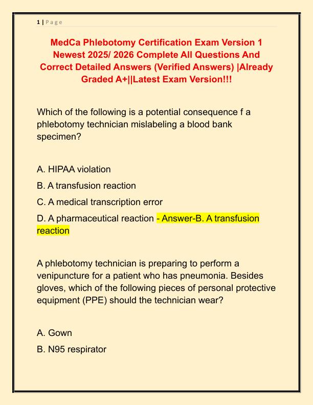 MedCa Phlebotomy Certification Exam Version 1 Newest 2025