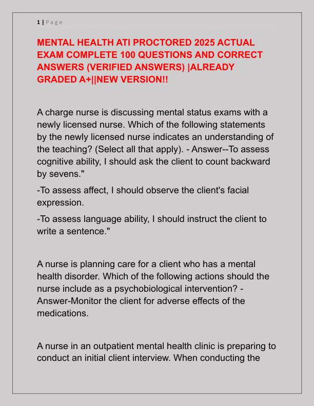 MENTAL HEALTH ATI PROCTORED 2025 ACTUAL EXAM COMPLETE 100 QUESTIONS AND CORRECT ANSWERS