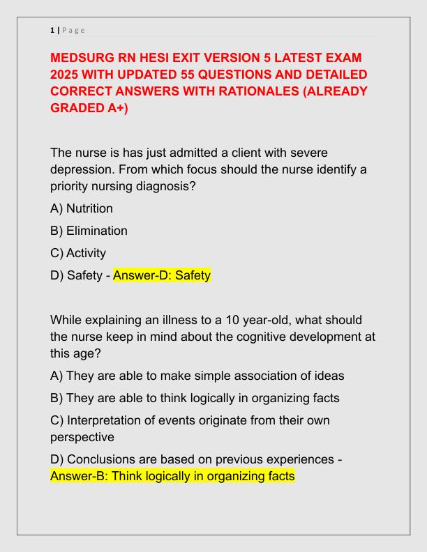 MEDSURG RN HESI EXIT VERSION 5 LATEST EXAM 2025 WITH UPDATED 55 QUESTIONS AND DETAILED CORRECT ANSWERS WITH RATIONALES