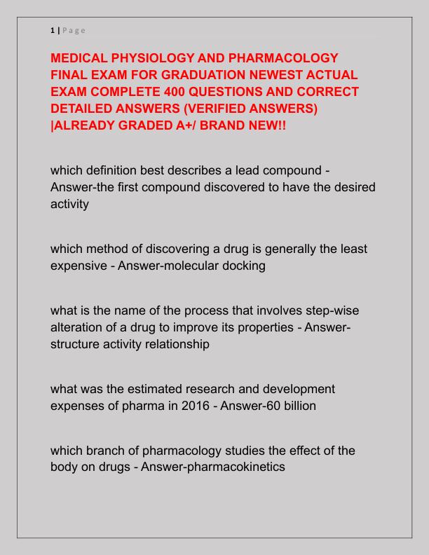 MEDICAL PHYSIOLOGY AND PHARMACOLOGY FINAL EXAM FOR GRADUATION NEWEST ACTUAL EXAM COMPLETE 400 QUESTIONS AND CORRECT DETAILED ANSWERS