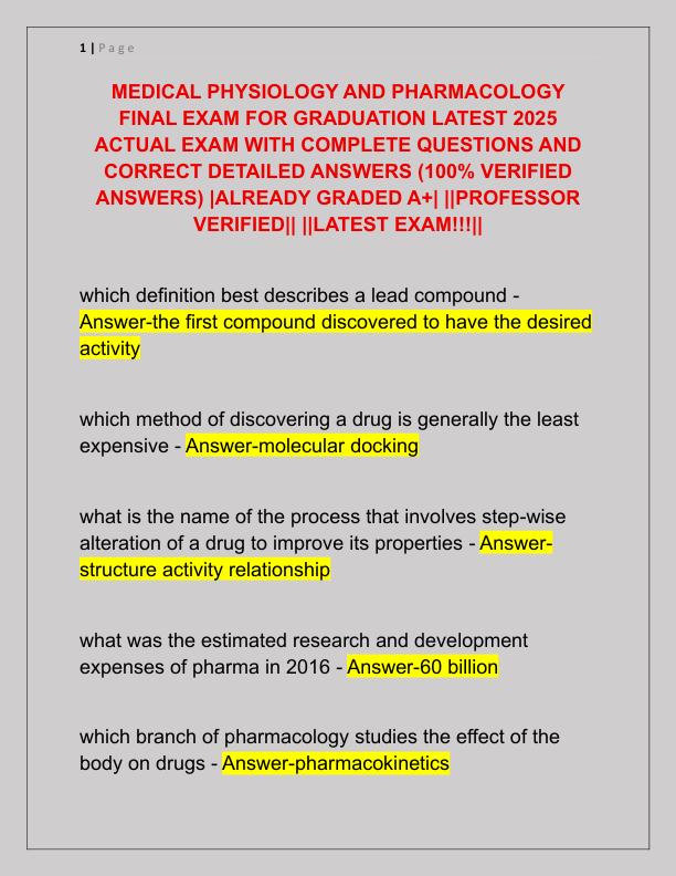 MEDICAL PHYSIOLOGY AND PHARMACOLOGY FINAL EXAM FOR GRADUATION LATEST 2025 ACTUAL EXAM WITH COMPLETE QUESTIONS AND CORRECT DETAILED ANSWERS