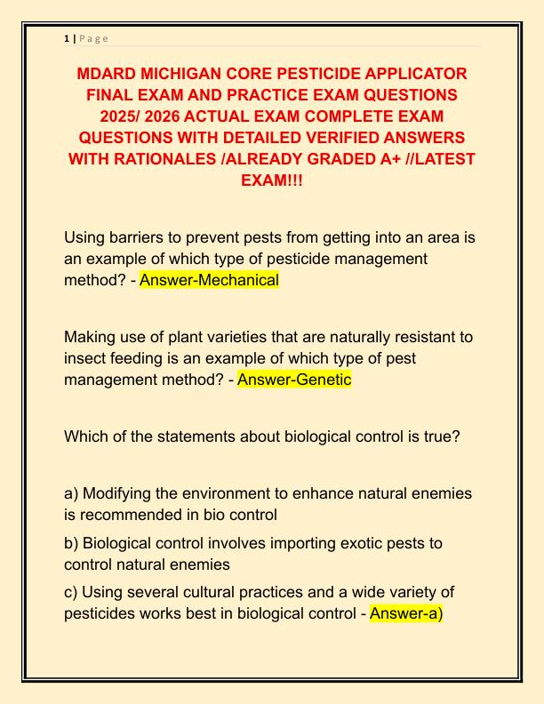 MDARD MICHIGAN CORE PESTICIDE APPLICATOR FINAL EXAM AND PRACTICE EXAM QUESTIONS 2025