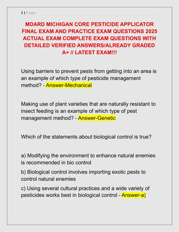 MDARD MICHIGAN CORE PESTICIDE APPLICATOR FINAL EXAM AND PRACTICE EXAM QUESTIONS 2025 ACTUAL EXAM COMPLETE EXAM QUESTIONS WITH DETAILED VERIFIED ANSWERS