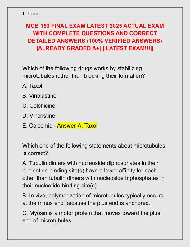 MCB 150 FINAL EXAM LATEST 2025 ACTUAL EXAM WITH COMPLETE QUESTIONS AND CORRECT DETAILED ANSWERS