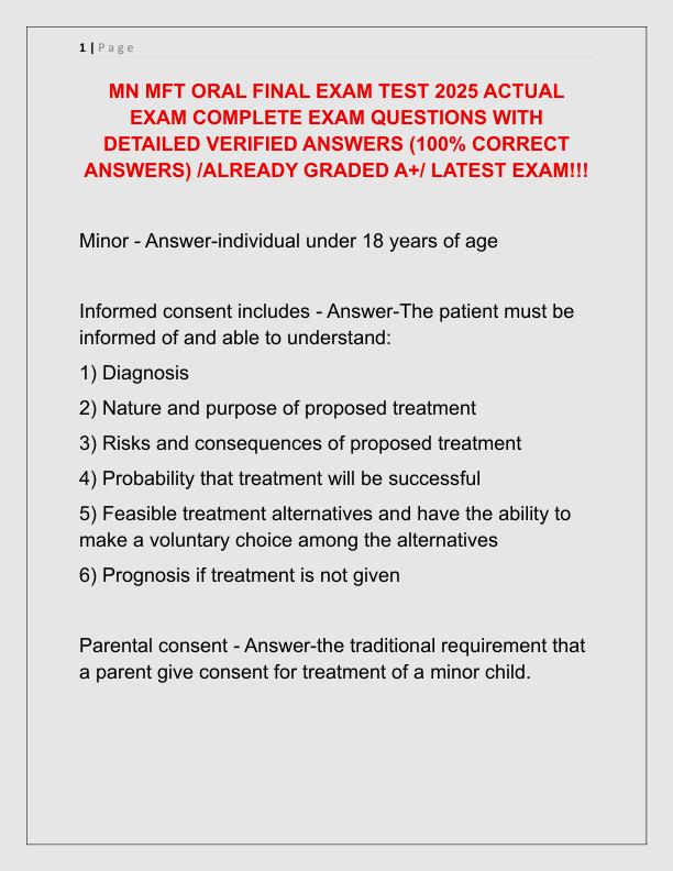 MN MFT ORAL FINAL EXAM TEST 2025 ACTUAL EXAM COMPLETE EXAM QUESTIONS WITH DETAILED VERIFIED ANSWERS