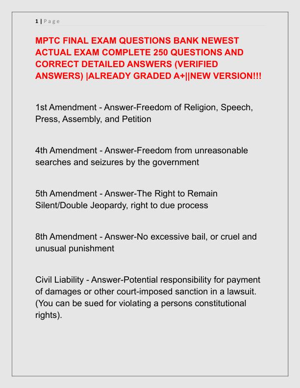 MPTC FINAL EXAM QUESTIONS BANK NEWEST ACTUAL EXAM COMPLETE 250 QUESTIONS AND CORRECT DETAILED ANSWERS