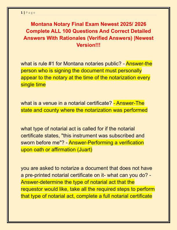 Montana Notary Final Exam Newest 2025