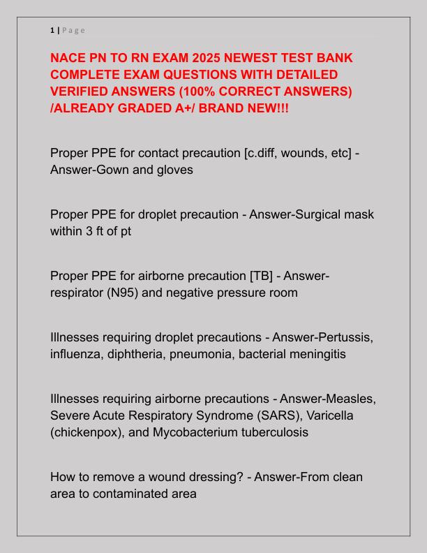 NACE PN TO RN EXAM 2025 NEWEST TEST BANK COMPLETE EXAM QUESTIONS WITH DETAILED VERIFIED ANSWERS
