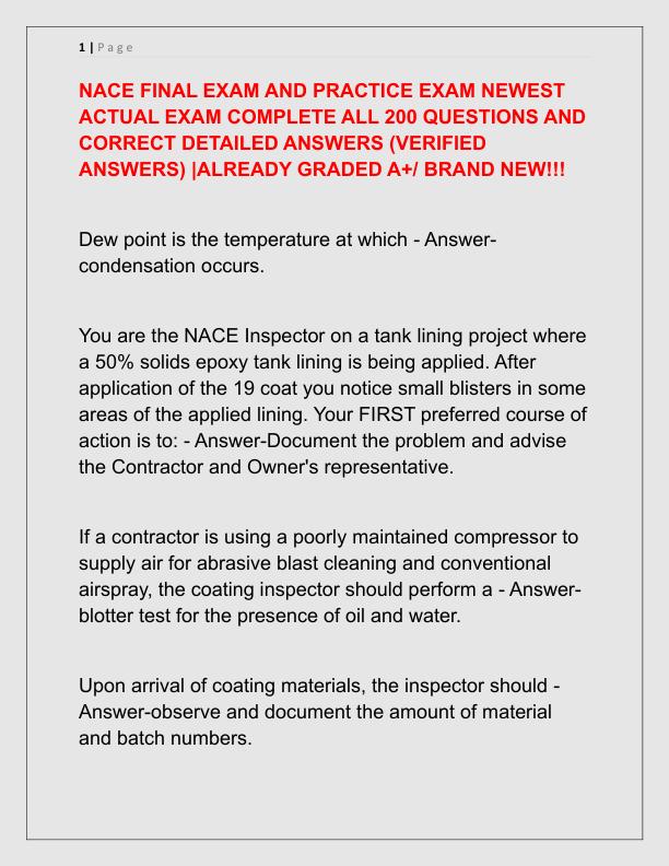 NACE FINAL EXAM AND PRACTICE EXAM NEWEST ACTUAL EXAM COMPLETE ALL 200 QUESTIONS AND CORRECT DETAILED ANSWERS