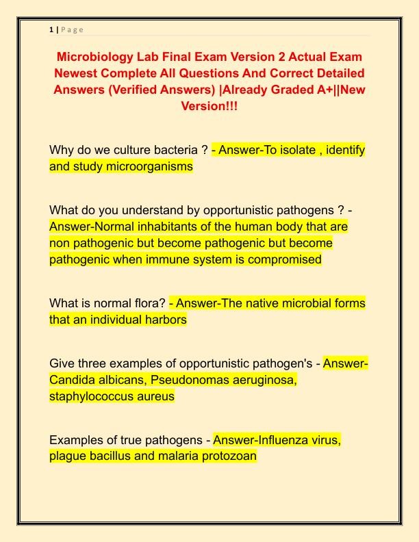Microbiology Lab Final Exam Version 2 Actual Exam Newest Complete All Questions And Correct Detailed Answers