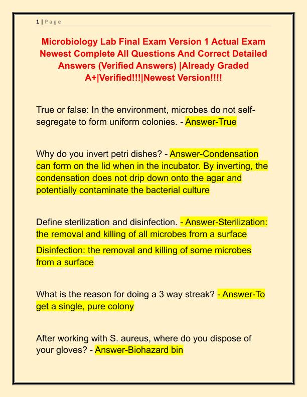 Microbiology Lab Final Exam Version 1 Actual Exam Newest Complete All Questions And Correct Detailed Answers