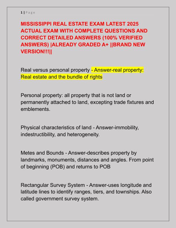 MISSISSIPPI REAL ESTATE EXAM LATEST 2025 ACTUAL EXAM WITH COMPLETE QUESTIONS AND CORRECT DETAILED ANSWERS