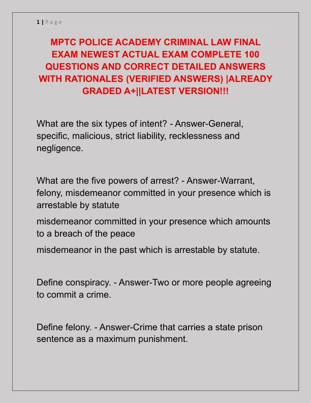 MPTC POLICE ACADEMY CRIMINAL LAW FINAL EXAM NEWEST ACTUAL EXAM COMPLETE 100 QUESTIONS AND CORRECT DETAILED ANSWERS WITH RATIONALES