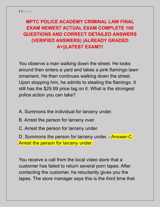 MPTC POLICE ACADEMY CRIMINAL LAW FINAL EXAM NEWEST ACTUAL EXAM COMPLETE 100 QUESTIONS AND CORRECT DETAILED ANSWERS