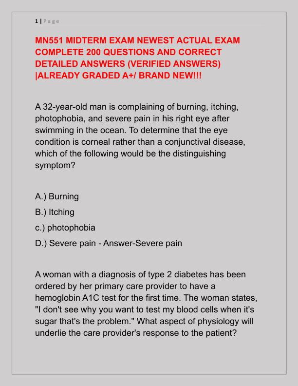 MN551 MIDTERM EXAM NEWEST ACTUAL EXAM COMPLETE 200 QUESTIONS AND CORRECT DETAILED ANSWERS