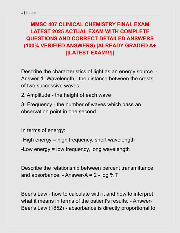 MMSC 407 CLINICAL CHEMISTRY FINAL EXAM LATEST 2025 ACTUAL EXAM WITH COMPLETE QUESTIONS AND CORRECT DETAILED ANSWERS