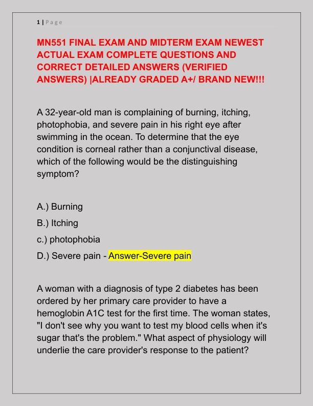 MN551 FINAL EXAM AND MIDTERM EXAM NEWEST ACTUAL EXAM COMPLETE QUESTIONS AND CORRECT DETAILED ANSWER1