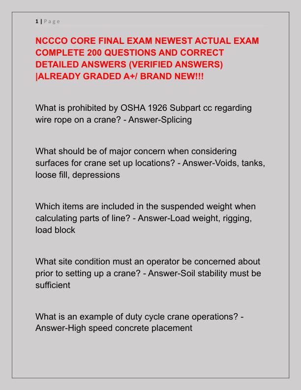 NCCCO CORE FINAL EXAM NEWEST ACTUAL EXAM COMPLETE 200 QUESTIONS AND CORRECT DETAILED ANSWERS