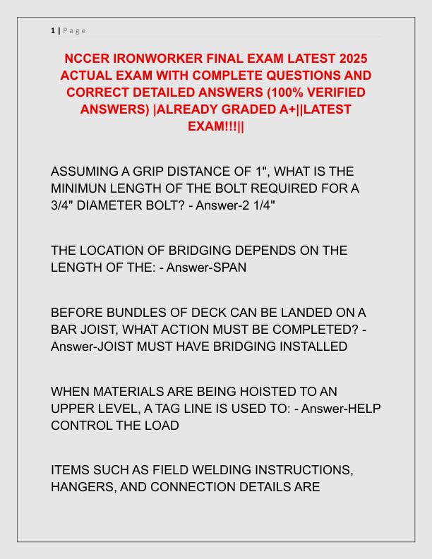 NCCER IRONWORKER FINAL EXAM LATEST 2025 ACTUAL EXAM WITH COMPLETE QUESTIONS AND CORRECT DETAILED ANSWERS