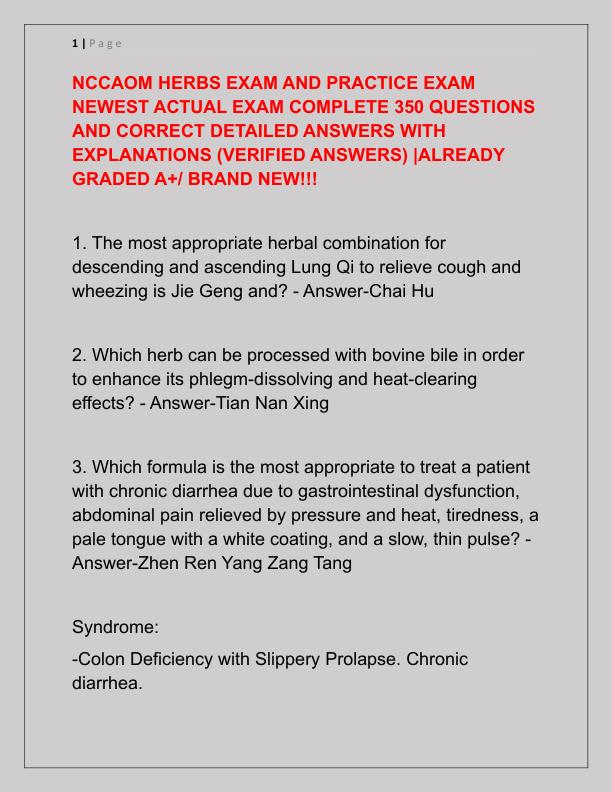 NCCAOM HERBS EXAM AND PRACTICE EXAM NEWEST ACTUAL EXAM COMPLETE 350 QUESTIONS AND CORRECT DETAILED ANSWERS WITH EXPLANATIONS