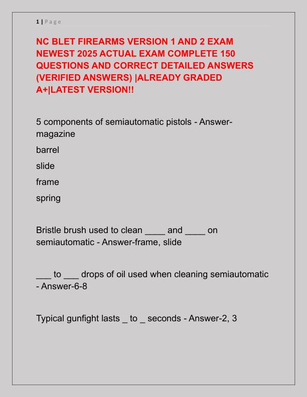 NC BLET FIREARMS VERSION 1 AND 2 EXAM NEWEST 2025 ACTUAL EXAM COMPLETE 150 QUESTIONS AND CORRECT DETAILED ANSWERS