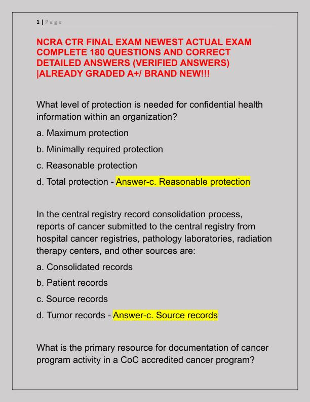 NCRA CTR FINAL EXAM NEWEST ACTUAL EXAM COMPLETE 180 QUESTIONS AND CORRECT DETAILED ANSWERS