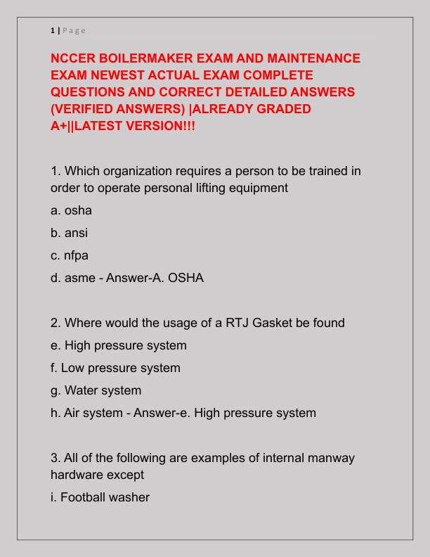 NCCER BOILERMAKER EXAM AND MAINTENANCE EXAM NEWEST ACTUAL EXAM COMPLETE QUESTIONS AND CORRECT DETAILED ANSWERS