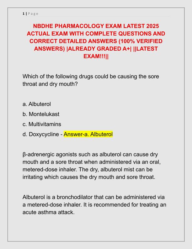 NBDHE PHARMACOLOGY EXAM LATEST 2025 ACTUAL EXAM WITH COMPLETE QUESTIONS AND CORRECT DETAILED ANSWERS