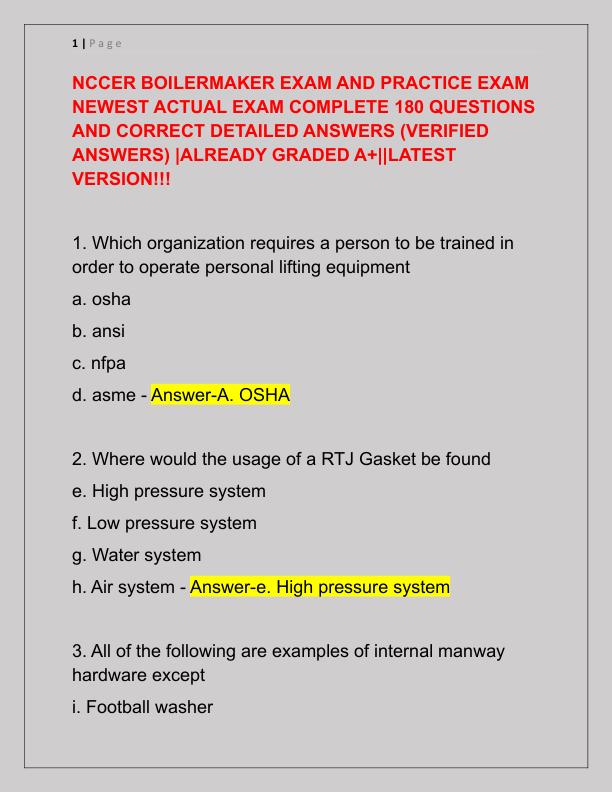 NCCER BOILERMAKER EXAM AND PRACTICE EXAM NEWEST ACTUAL EXAM COMPLETE 180 QUESTIONS AND CORRECT DETAILED ANSWERS
