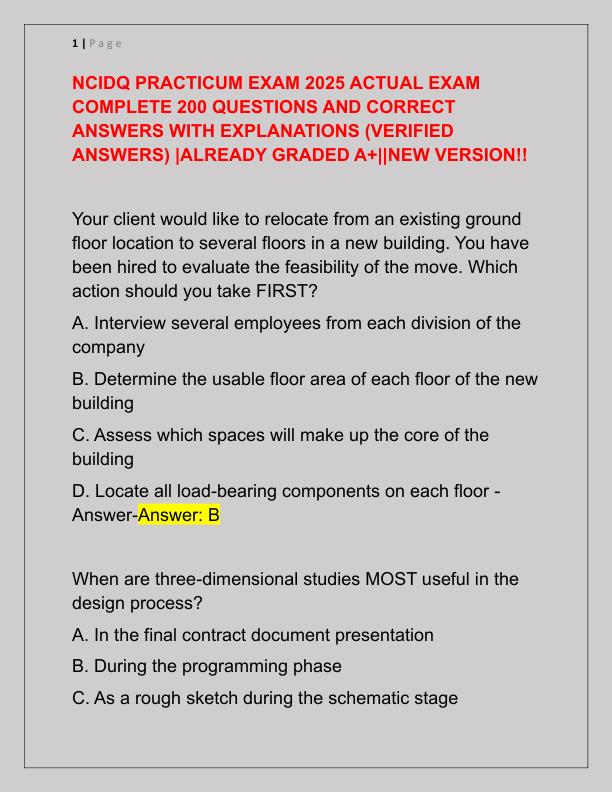 NCIDQ PRACTICUM EXAM 2025 ACTUAL EXAM COMPLETE 200 QUESTIONS AND CORRECT ANSWERS WITH EXPLANATIONS