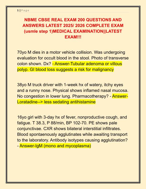 NBME CBSE REAL EXAM 200 QUESTIONS AND ANSWERS LATEST 2025
