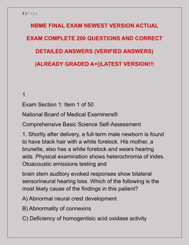 NBME FINAL EXAM NEWEST VERSION ACTUAL EXAM COMPLETE 200 QUESTIONS AND CORRECT DETAILED ANSWERS