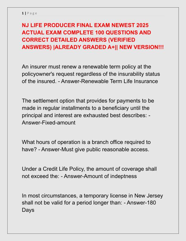 NJ LIFE PRODUCER FINAL EXAM NEWEST 2025 ACTUAL EXAM COMPLETE 100 QUESTIONS AND CORRECT DETAILED ANSWERS