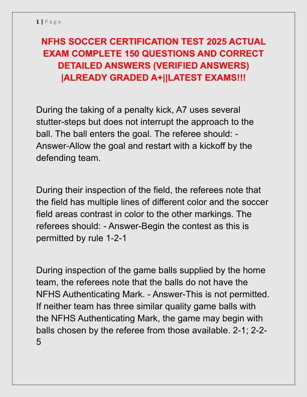 NFHS SOCCER CERTIFICATION TEST 2025 ACTUAL EXAM COMPLETE 150 QUESTIONS AND CORRECT DETAILED ANSWERS