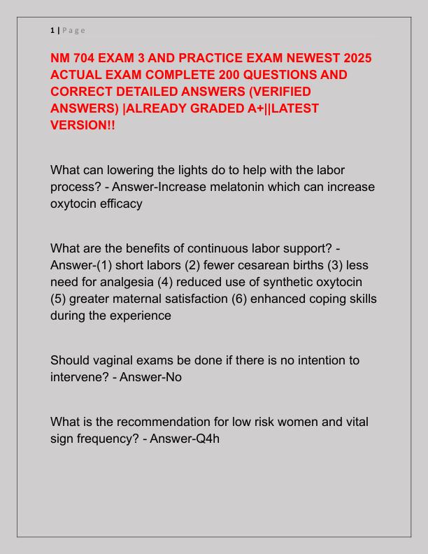 NM 704 EXAM 3 AND PRACTICE EXAM NEWEST 2025 ACTUAL EXAM COMPLETE 200 QUESTIONS AND CORRECT DETAILED ANSWERS
